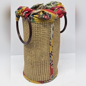 Vintage, Hand-crafted Straw Bucket Bag W/ Floral Fabric & Retro Ring Handles